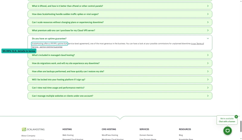 ScalaHosting managed cloud FAQ: ScalaHosting offers a 99.99% uptime SLA, credits in the Terms of Service