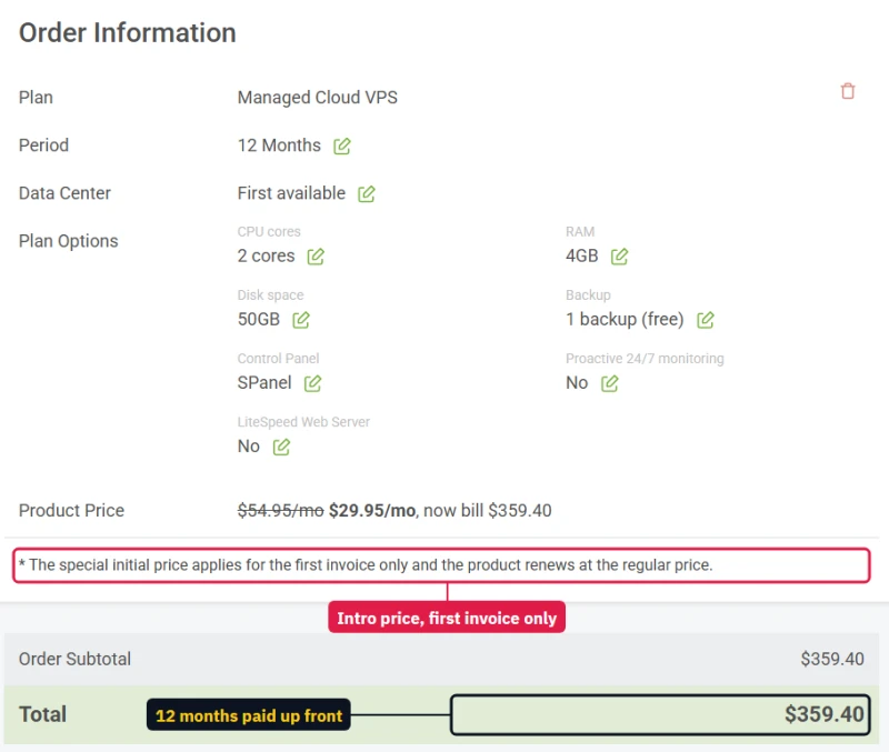 ScalaHosting order form: Managed Cloud VPS, 12 months, 1 backup free, total $359.40, intro price for the first invoice only