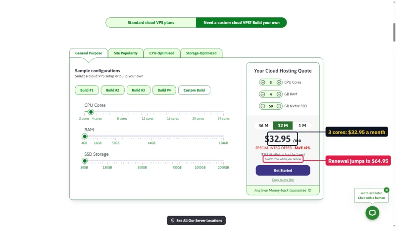 ScalaHosting quote with 3 cores on 12 months: $32.95 a month, $395.40 up front, renews at $64.95
