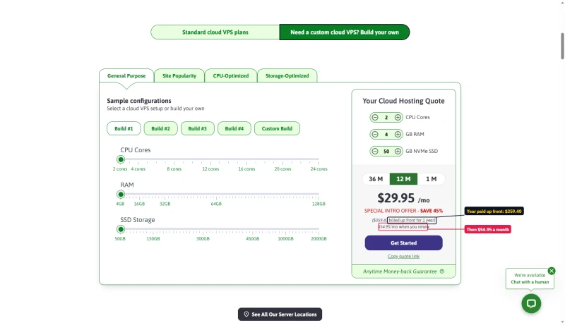 ScalaHosting quote builder: 2 cores, 4 GB, 50 GB on 12 months at $29.95, $359.40 billed up front, then $54.95 a month
