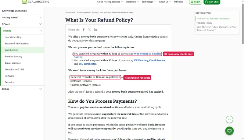 ScalaHosting refund policy: new clients only, within 30 days; no refund on renewals, transfers or domain registration