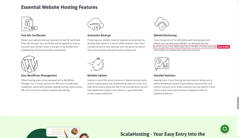 ScalaHosting shared hosting features: SShield monitoring tool that effectively blocks 99.98% of online attacks