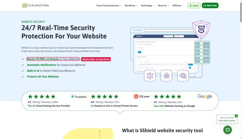 ScalaHosting website security page: SShield blocks 99.998% of attacks to your website