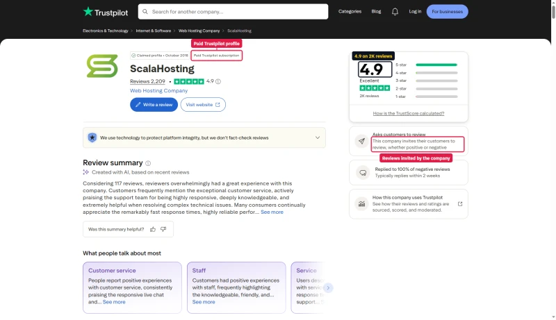 ScalaHosting on Trustpilot: 4.9 from 2,209 reviews, paid Trustpilot subscription, asks customers to review