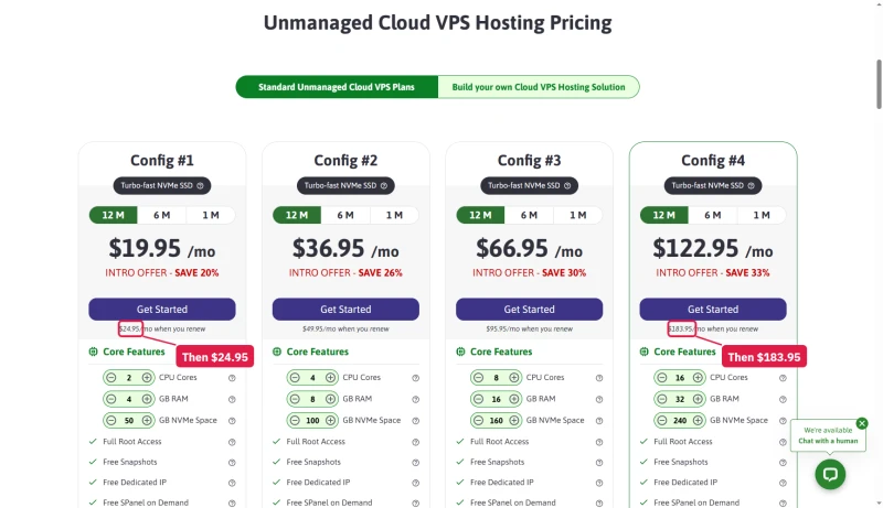 ScalaHosting unmanaged Cloud VPS on 12 months: Config #1 $19.95 renewing $24.95 up to Config #4 $122.95 renewing $183.95