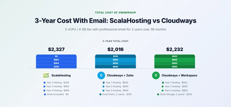 3-year cost breakdown comparing ScalaHosting and Cloudways hosting plus email costs