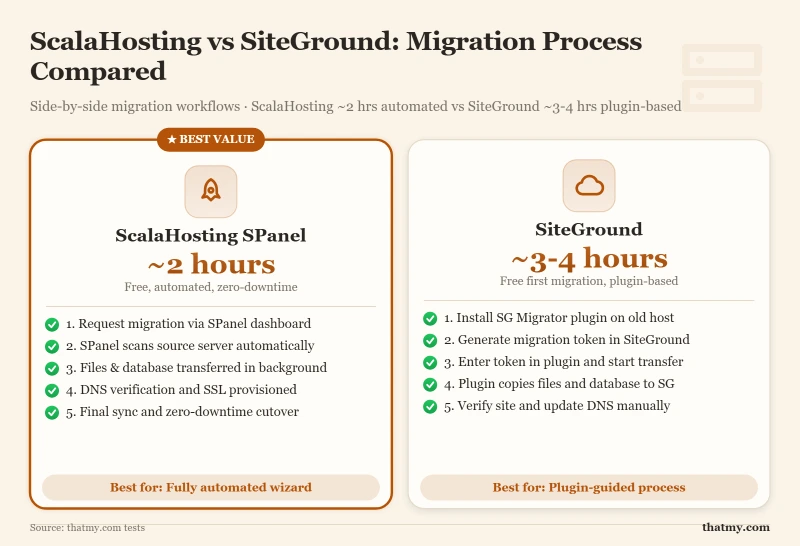ScalaHosting vs SiteGround: 78ms vs 164ms TTFB, 99.99% vs 99.97% uptime (our tests)