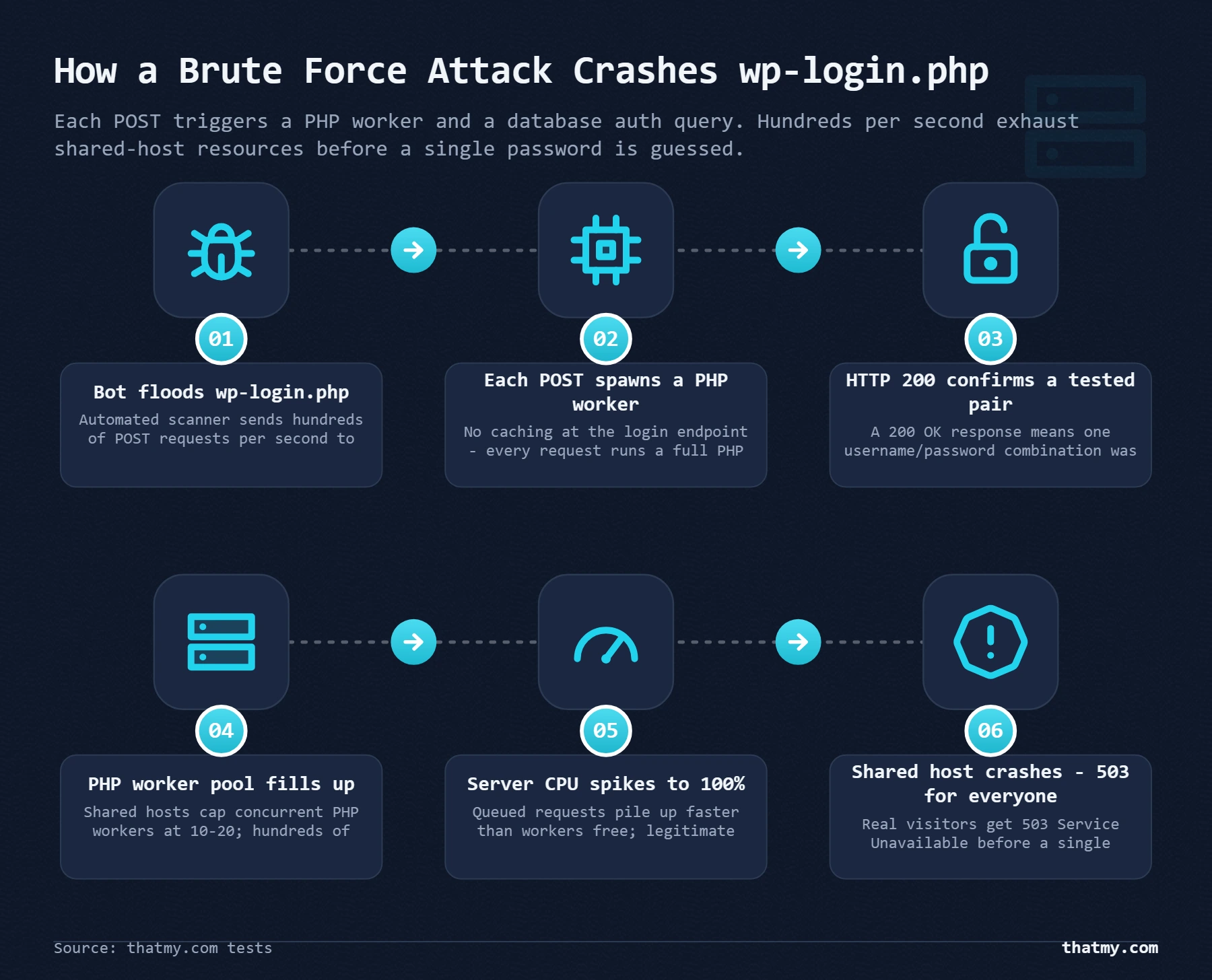 Brute force: bots send hundreds of POSTs to wp-login.php per second, and the server load alone can crash a shared host
