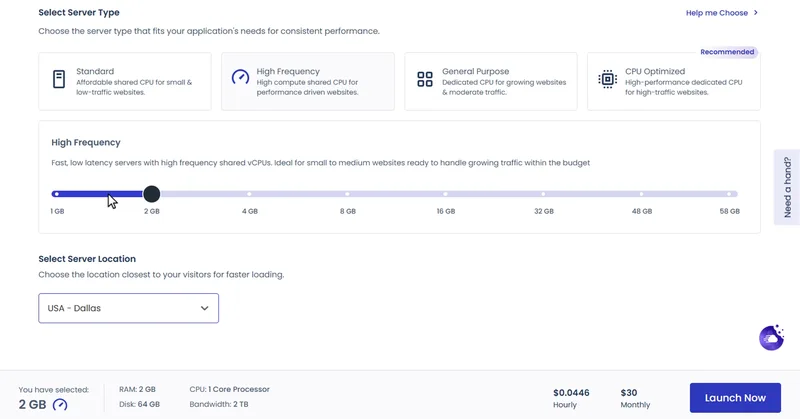 Cloudways launch form: High Frequency 2 GB in Dallas, 1 core, 2 GB RAM, 64 GB disk, 2 TB, $0.0446 hourly, $30 monthly