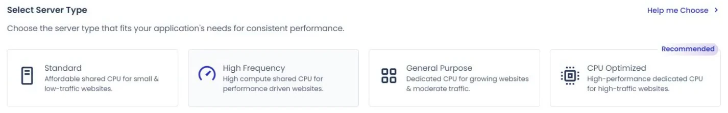 Cloudways launch form: shared CPU and dedicated CPU server types on Vultr