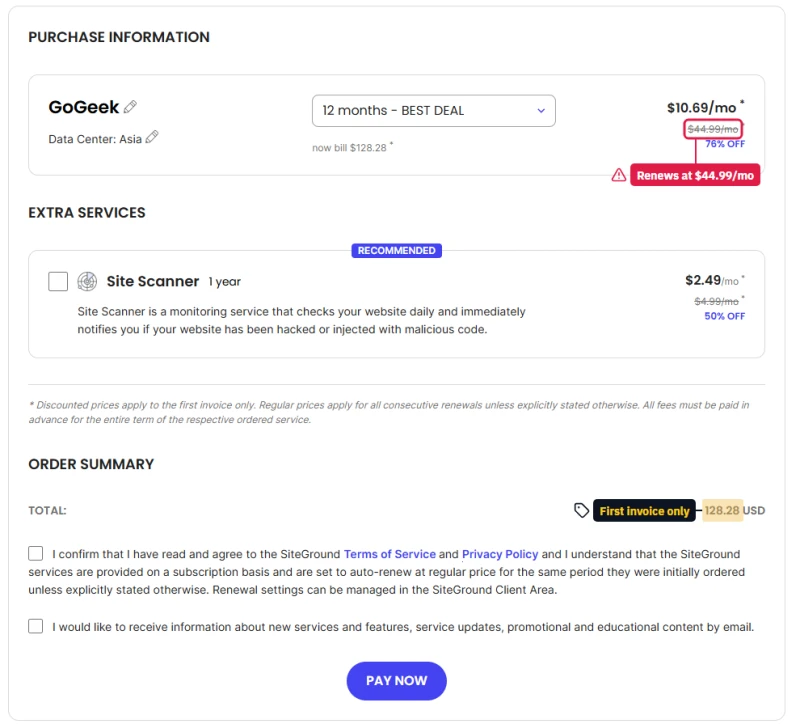 SiteGround checkout, GoGeek on 12 months: $10.69/mo with $44.99/mo struck through, now bill $128.28, Pay Now