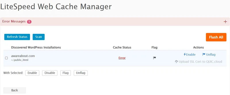 Verpex cPanel LiteSpeed Web Cache Manager: Error Messages 1, Cache Status Error on a new WordPress install