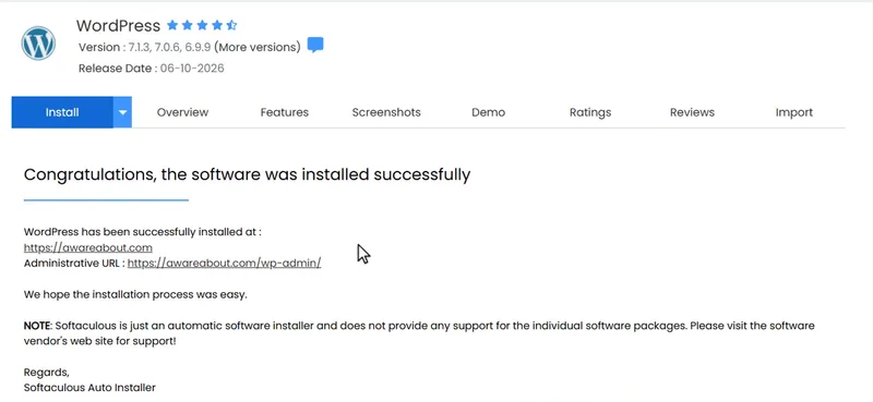 Softaculous in Verpex cPanel: Congratulations, the software was installed successfully, WordPress at awareabout.com