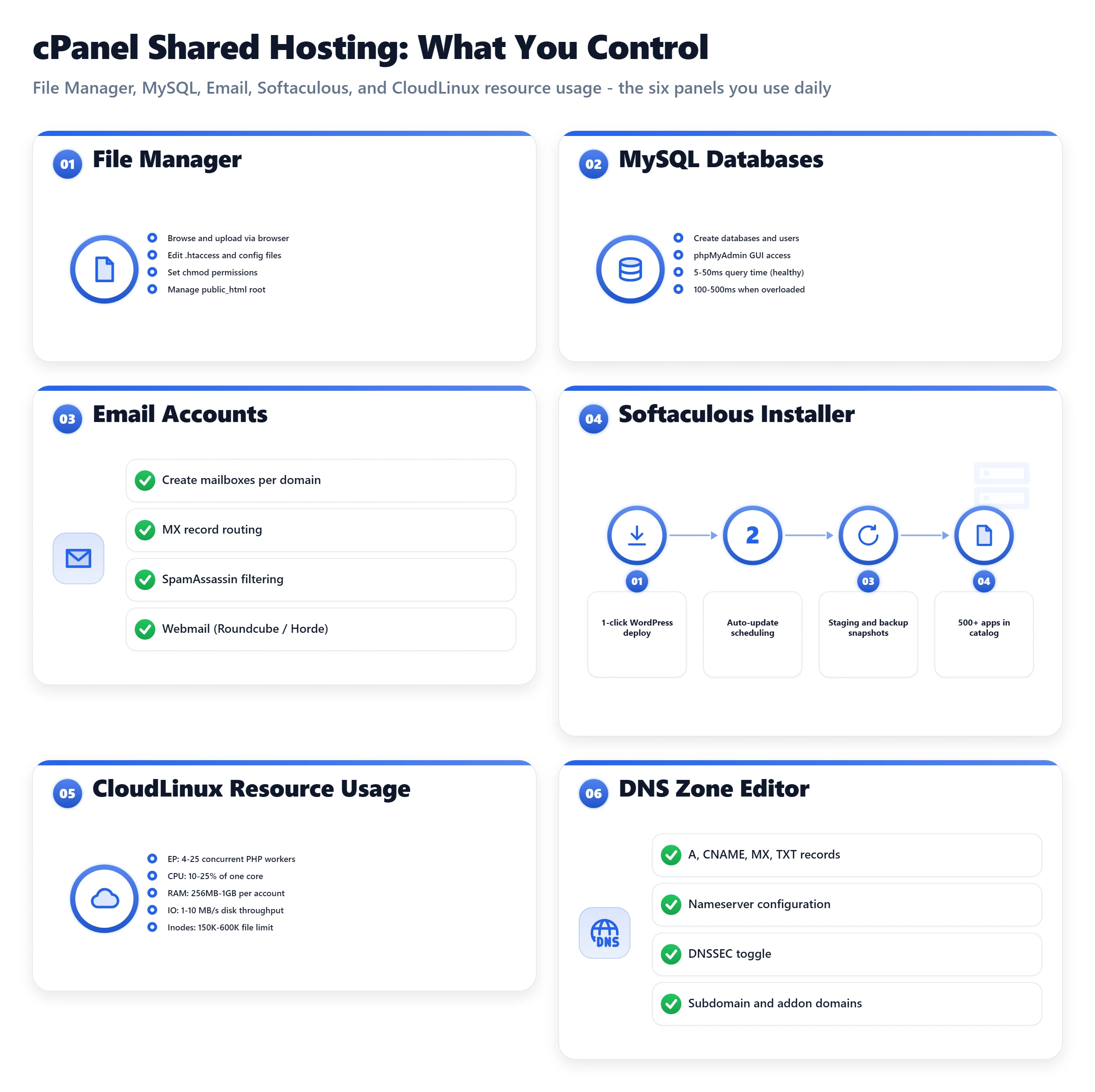 cPanel shared hosting dashboard: File Manager, MySQL Databases, Email Accounts, Softaculous Installer, CloudLinux, and DNS.
