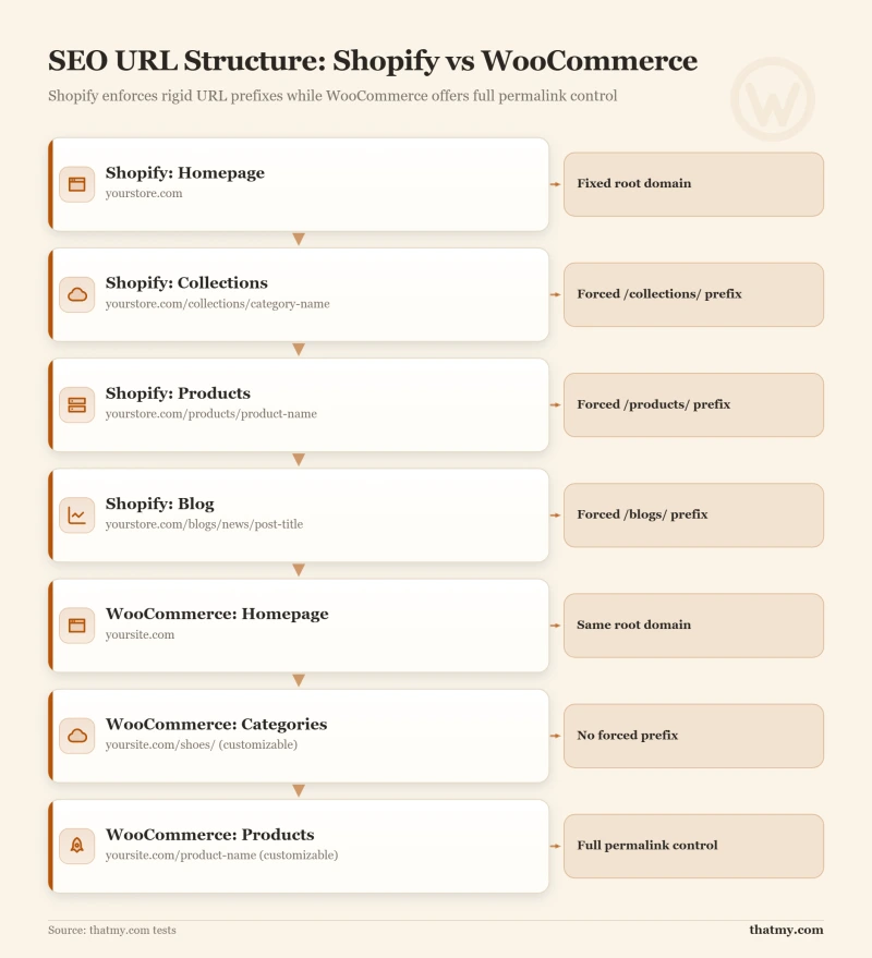 SEO URLs: Shopify forces /products/ in all URLs vs WooCommerce clean customizable permalinks for full SEO control