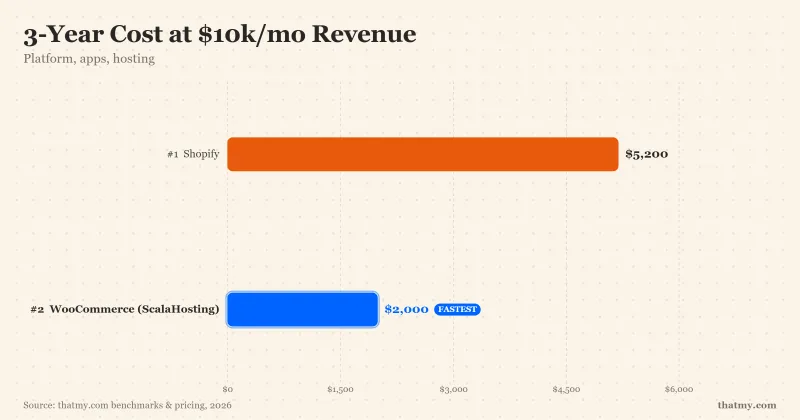 3-year cost at $10k/mo revenue: Shopify totals $5,200 while WooCommerce on ScalaHosting costs $2,000