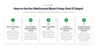 How to Get the SiteGround Black Friday Deal (5 Steps) — Activate the automatic sitewide discount and verify the discounted price in your cart.