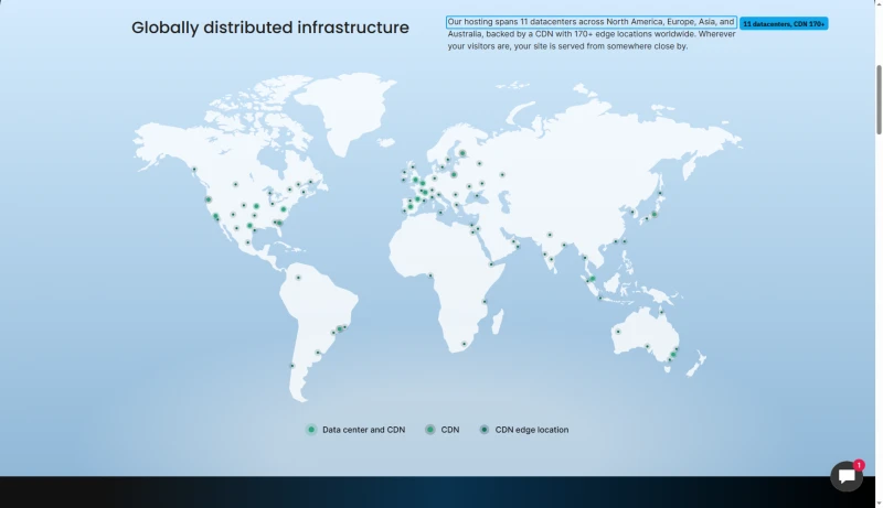 SiteGround datacenters page: 11 datacenters across four continents, a CDN with 170+ edge locations, world map