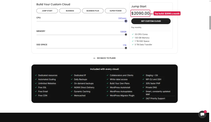 SiteGround custom cloud builder at its maximum: 33 cores, 130 GB memory, 1 TB SSD for $2,090.00 a month