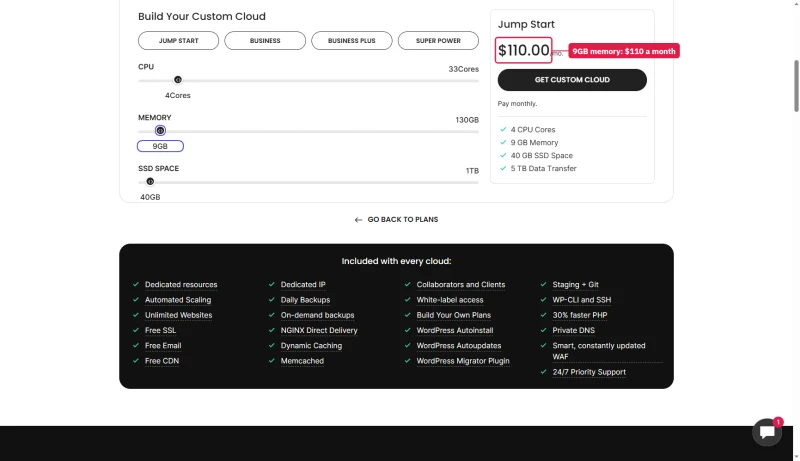 SiteGround custom cloud builder: 4 cores, 9 GB memory and 40 GB SSD at $110.00 a month, one GB above Jump Start