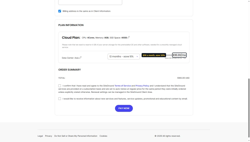SiteGround cloud order form: Jump Start on 12 months, save 10%, $90.00 a month, total 1080.00 USD