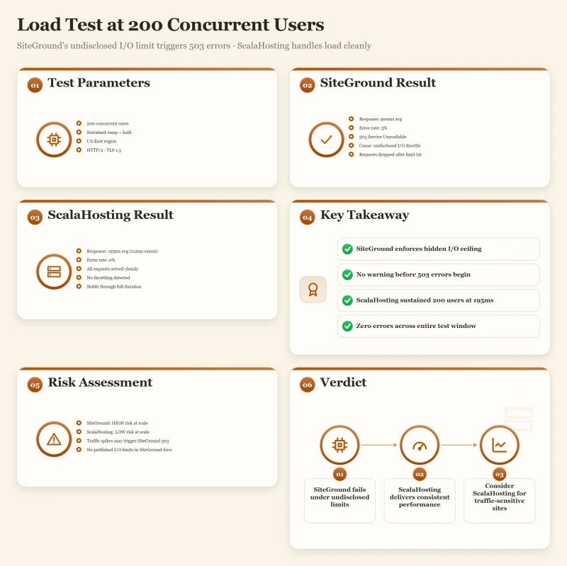 Bento dashboard comparing SiteGround 503 errors from I/O throttling vs ScalaHosting 195ms zero errors at 200 users