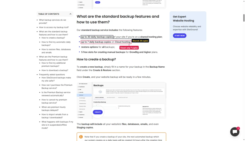 SiteGround backups article: up to 30 daily backup copies on shared hosting, up to 7 daily copies on Cloud