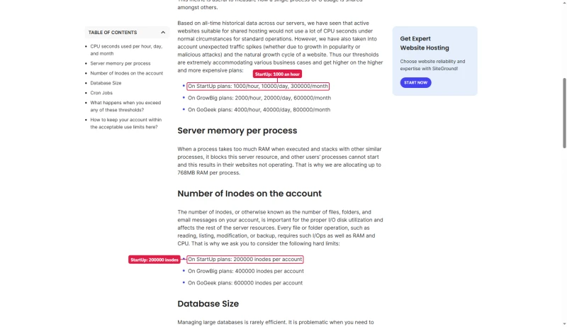 SiteGround fair use article: StartUp 1000 CPU seconds an hour, 768MB RAM per process, 200000 inodes per account