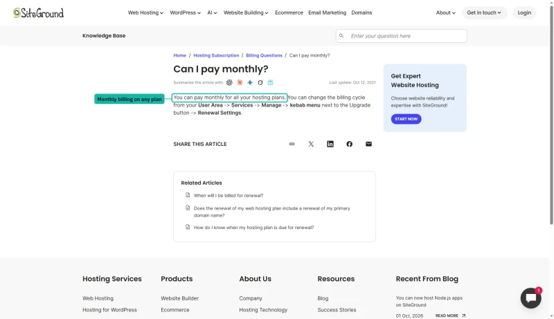 SiteGround knowledge base, Can I pay monthly: you can pay monthly for all hosting plans, via Renewal Settings