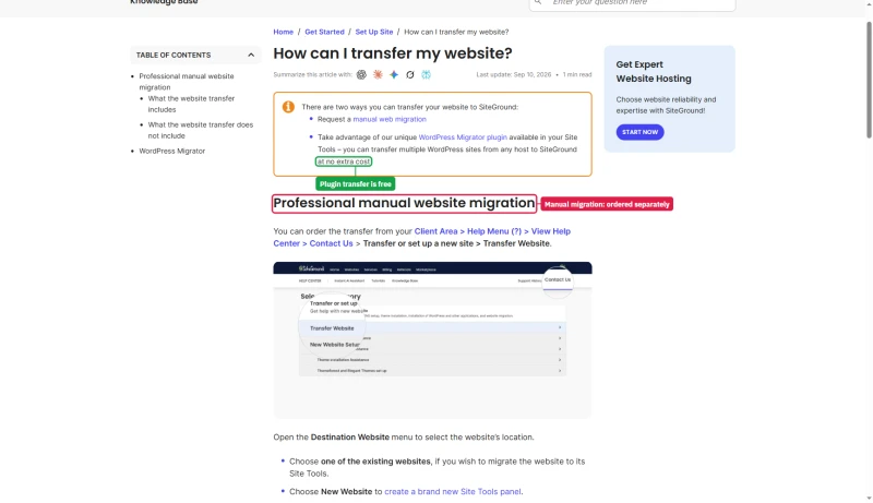 SiteGround transfer article: the WordPress Migrator plugin at no extra cost; professional manual migration ordered separately