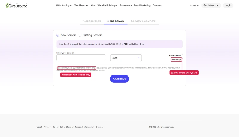 SiteGround order step 2: a .com free for 1 year, then $22.99 a year; discounted prices apply to the first invoice only
