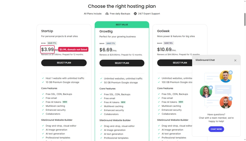 SiteGround shared plans at $3.99, $6.69 and $10.69 a month; the plan list shows backups and support, no free domain