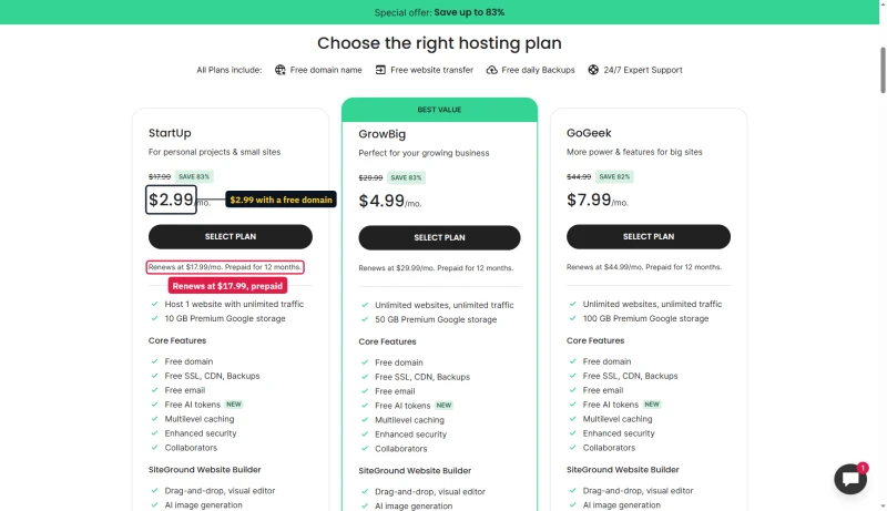 SiteGround shared plans on sale: StartUp $2.99, GrowBig $4.99, GoGeek $7.99 a month with a free domain, renewing at $17.99