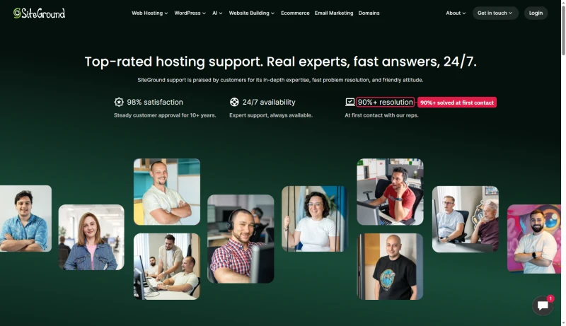 SiteGround support page: 98% satisfaction, 24/7 availability and 90%+ resolution at first contact