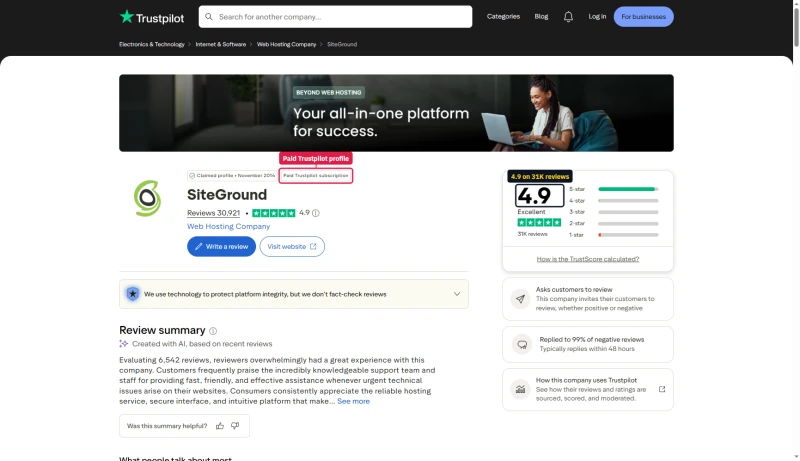 SiteGround on Trustpilot: 4.9 from 30,921 reviews, claimed profile with a paid Trustpilot subscription