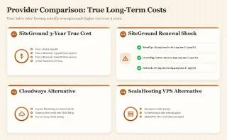 Dashboard comparing SiteGround's long-term true costs against Cloudways and ScalaHosting.