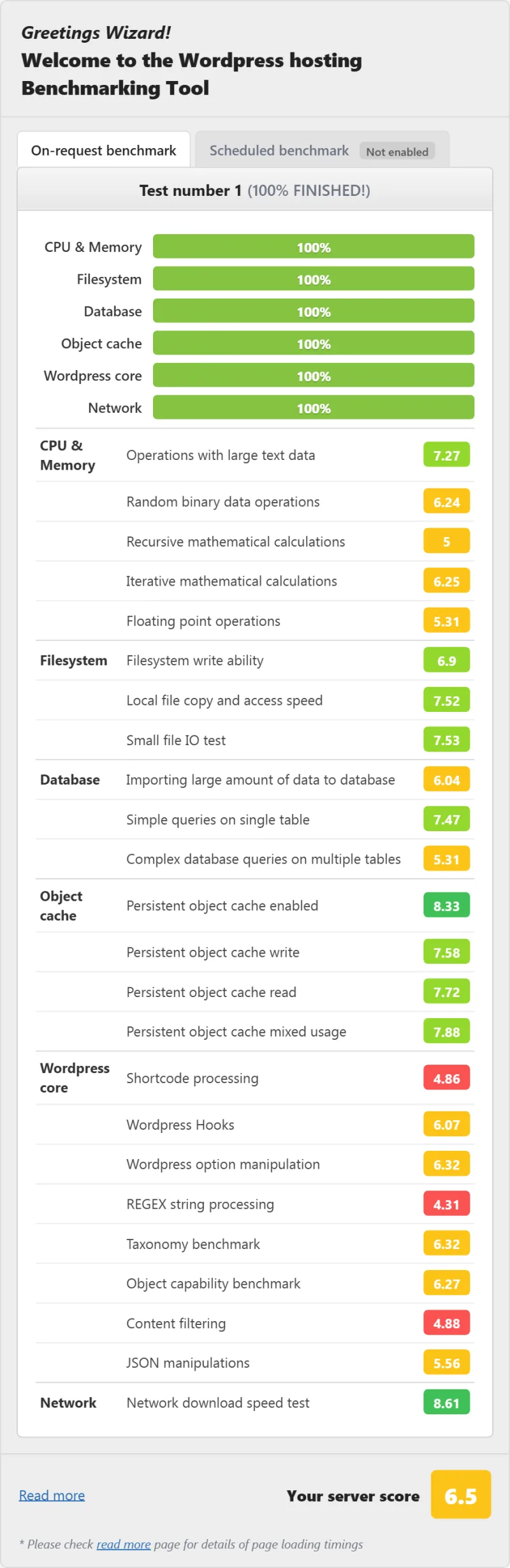 Verpex Bronze (shared hosting) WordPress benchmark from our benchmark suite