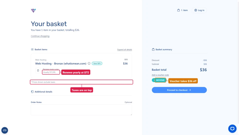 Verpex basket: Web Hosting Bronze $36, usually $72.00 a year, voucher MOVEME minus $36, prices exclude taxes