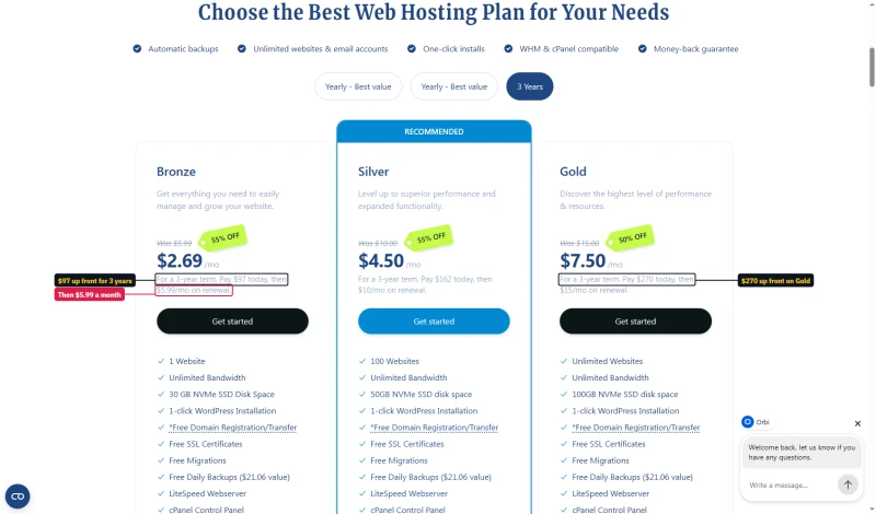 Verpex cards on 3 Years: $2.69, $4.50 and $7.50 a month, $97, $162 and $270 up front; Bronze then $5.99