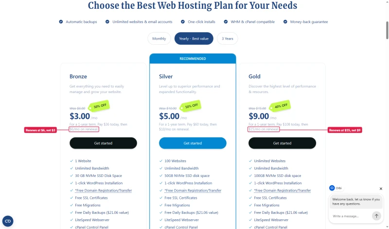 Verpex cards on Yearly: Bronze $3.00, Silver $5.00, Gold $9.00 a month, then $6, $10 and $15 a month on renewal