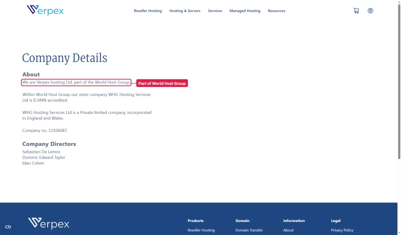 Verpex company details: Verpex hosting Ltd, part of the World Host Group; sister company WHG Hosting Services Ltd