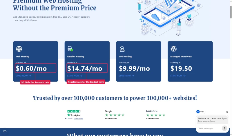 Verpex homepage tiles: web hosting from $0.60/mo, reseller from $14.74/mo, VPS from $9.99/mo, managed WordPress $19.50