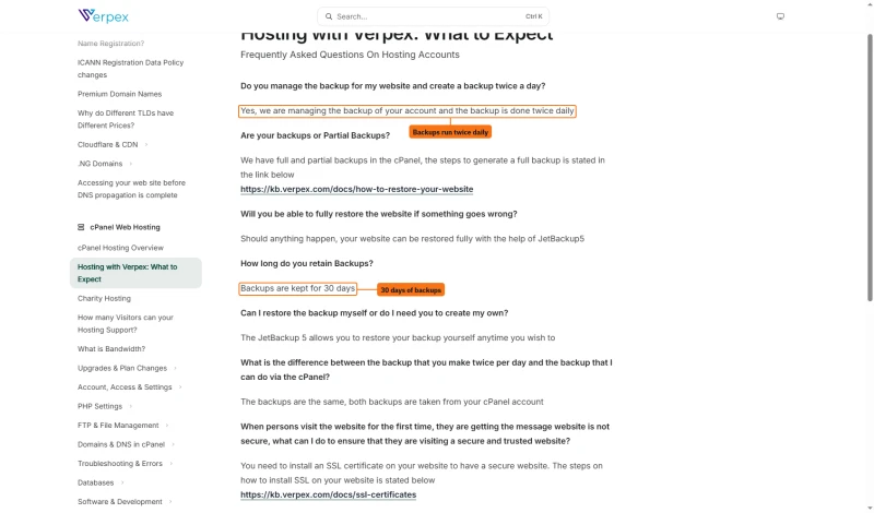 Verpex knowledge base: backups done twice daily, kept for 30 days, restored with JetBackup 5