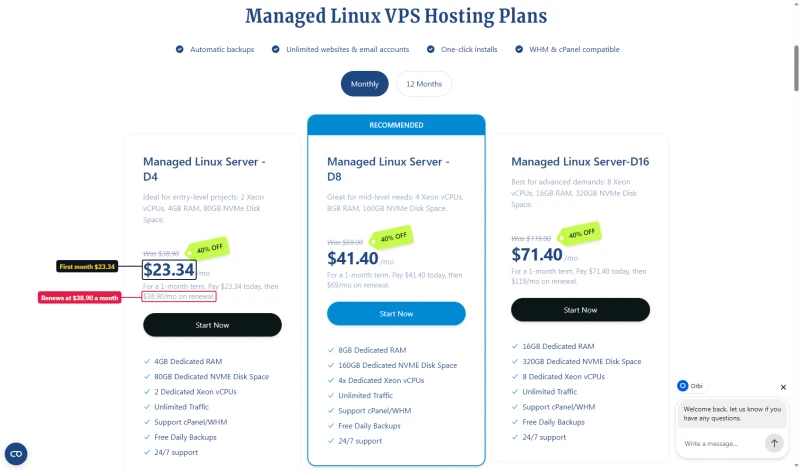Verpex managed server cards: D4 $23.34 for the first month, then $38.90 a month on renewal