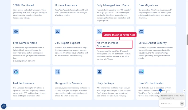 Verpex managed WordPress page: No Price Increase Guarantee, the price will be the same forever