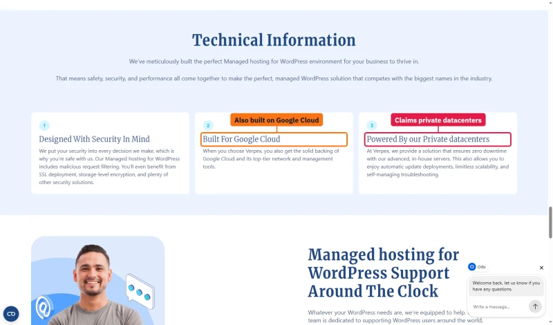 Verpex managed WordPress page: Built For Google Cloud beside Powered By our Private datacenters