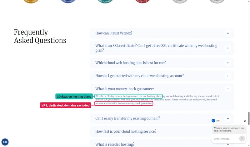 Verpex homepage FAQ: 30-day money-back guarantee on hosting plans; VPS, dedicated servers and domains excluded