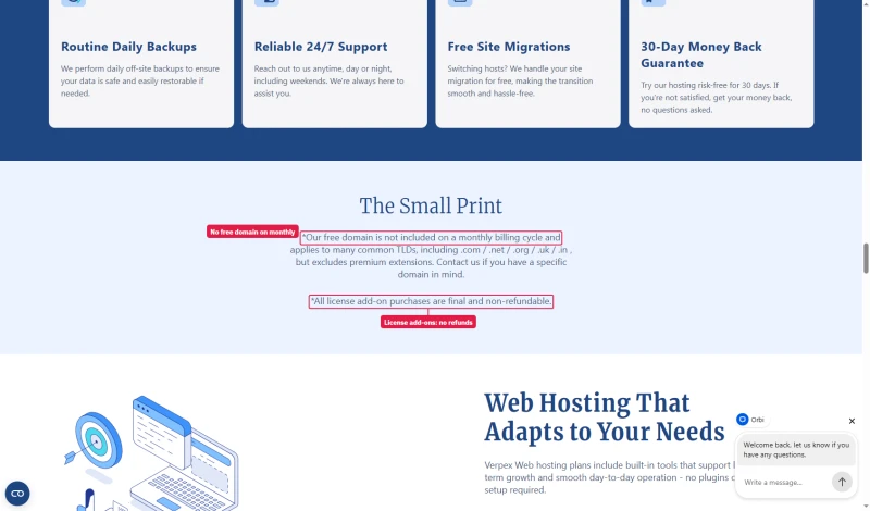 Verpex small print: free domain not included on a monthly billing cycle; license add-on purchases are final