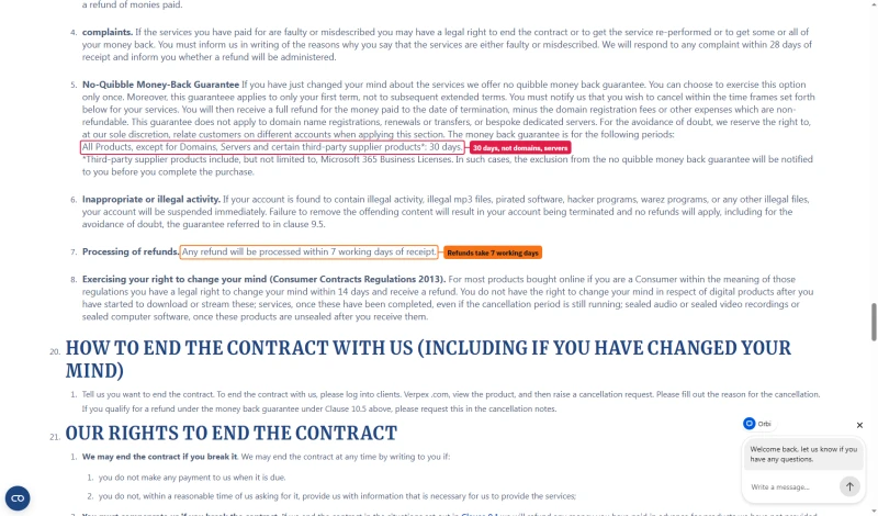 Verpex Terms: no-quibble guarantee once, first term only; 30 days except domains and servers; refunds in 7 working days