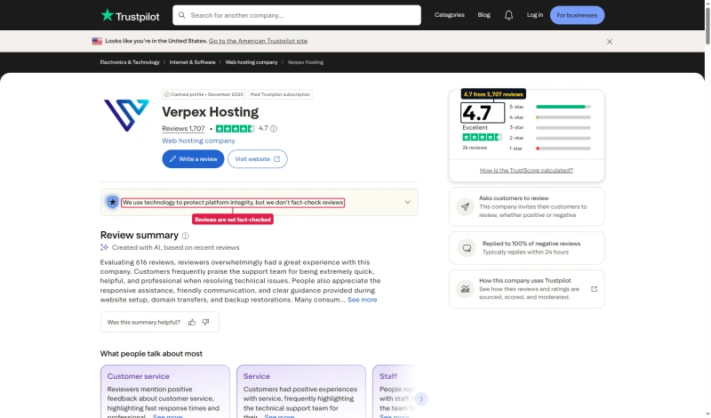 Verpex Hosting on Trustpilot: 4.7 from 1,707 reviews, claimed profile, paid Trustpilot subscription